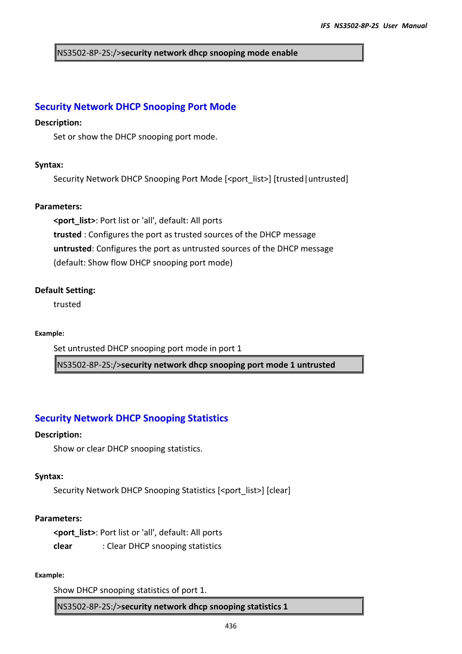 Security network dhcp snooping port mode, Security network dhcp snooping statistics | Interlogix NS3502-8P-2S User Manual User Manual | Page 436 / 568