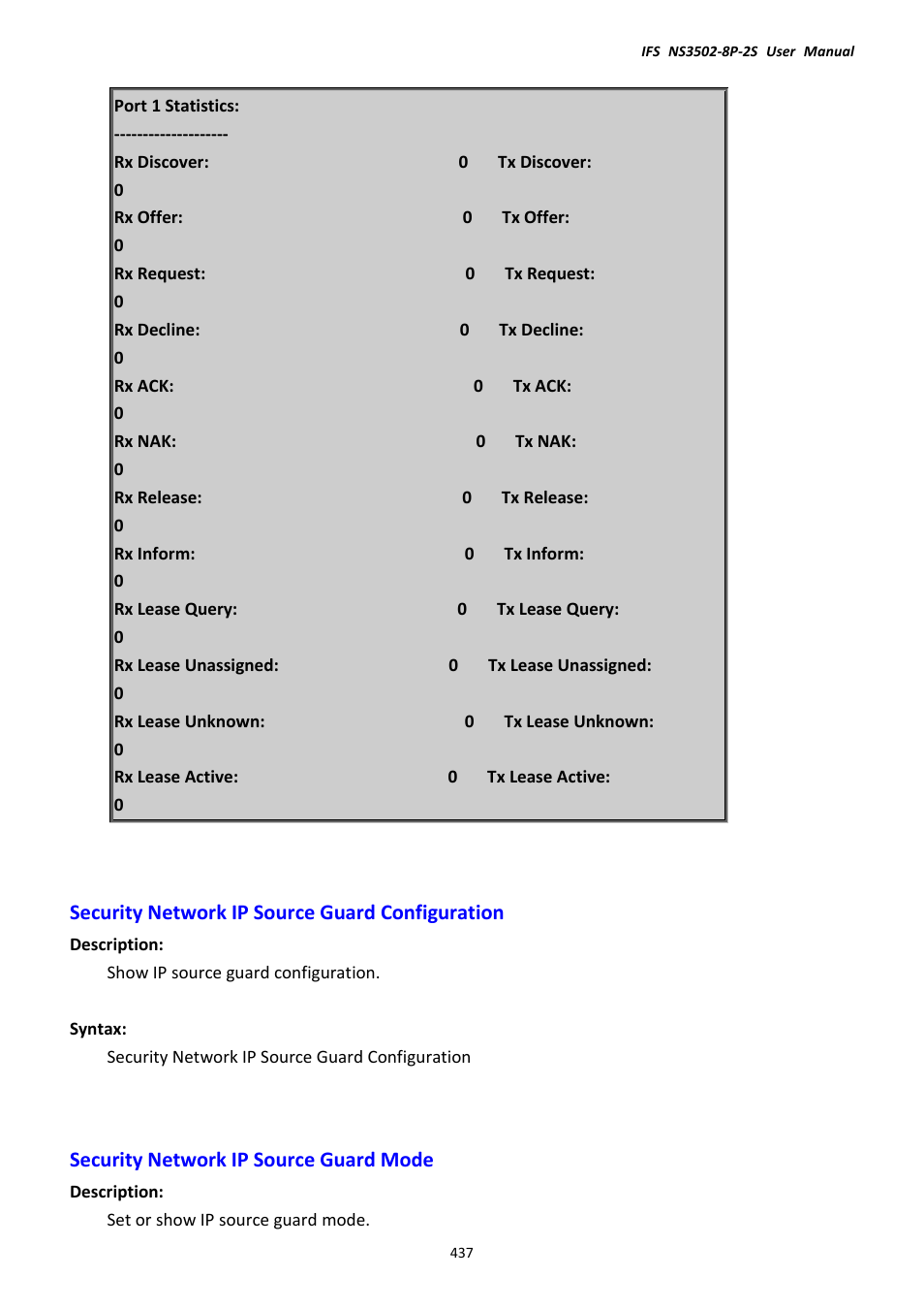 Security network ip source guard configuration, Security network ip source guard mode | Interlogix NS3502-8P-2S User Manual User Manual | Page 437 / 568