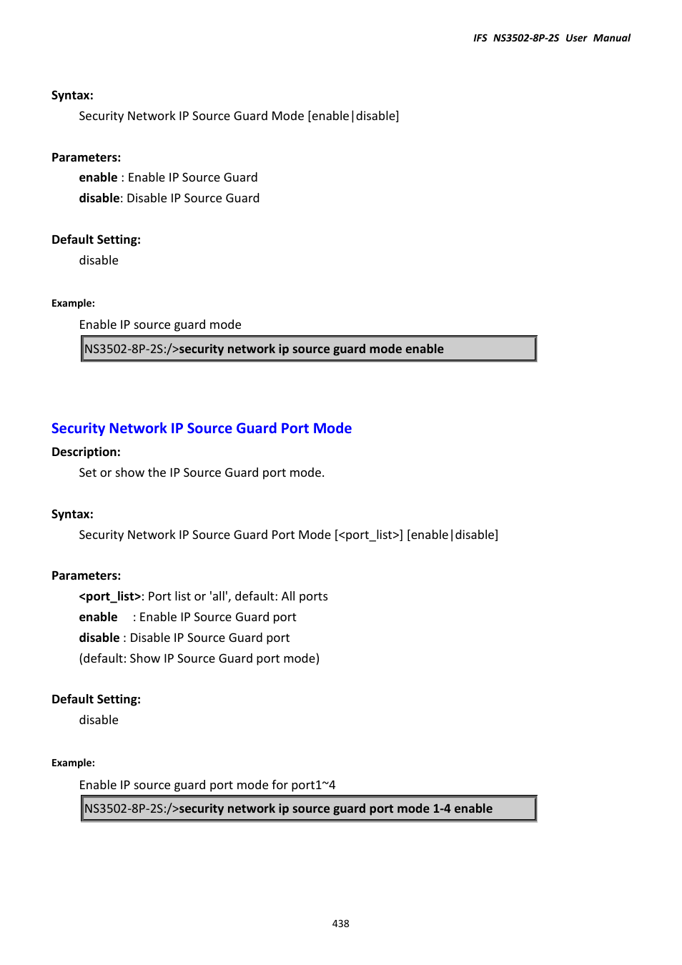 Security network ip source guard port mode | Interlogix NS3502-8P-2S User Manual User Manual | Page 438 / 568