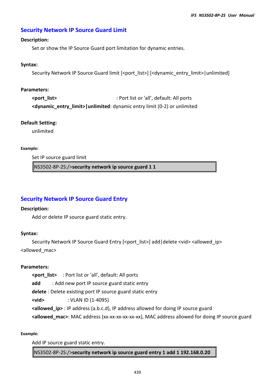 Security network ip source guard limit, Security network ip source guard entry | Interlogix NS3502-8P-2S User Manual User Manual | Page 439 / 568