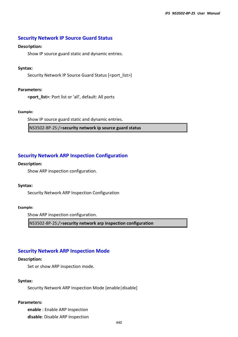 Security network ip source guard status, Security network arp inspection configuration, Security network arp inspection mode | Interlogix NS3502-8P-2S User Manual User Manual | Page 440 / 568