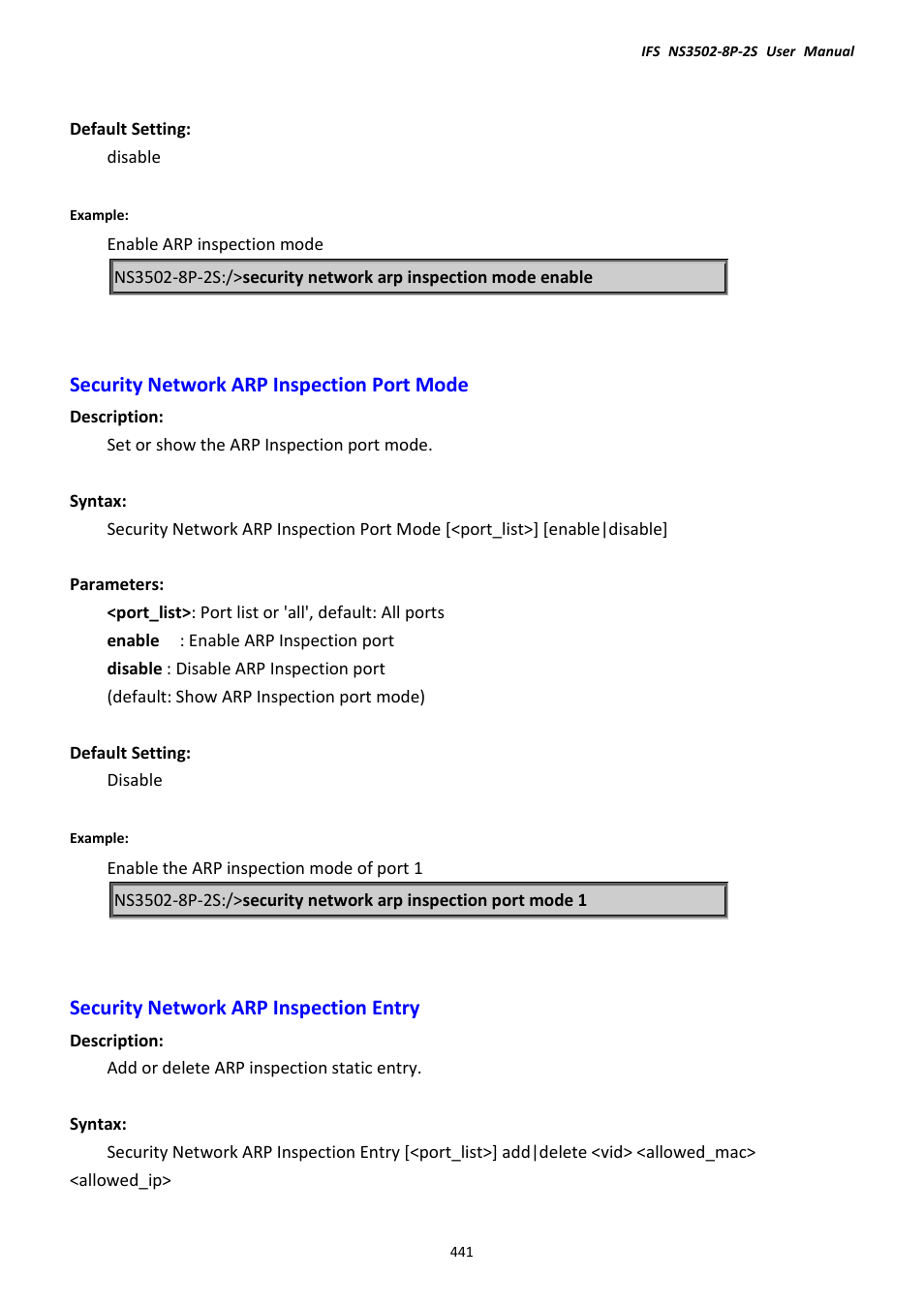 Security network arp inspection port mode, Security network arp inspection entry | Interlogix NS3502-8P-2S User Manual User Manual | Page 441 / 568