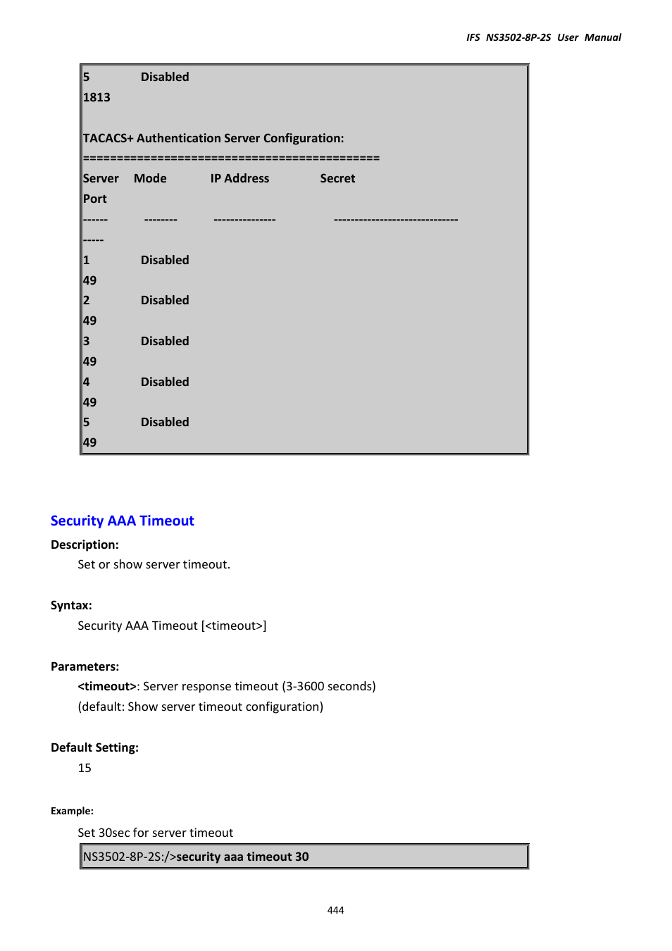 Security aaa timeout | Interlogix NS3502-8P-2S User Manual User Manual | Page 444 / 568