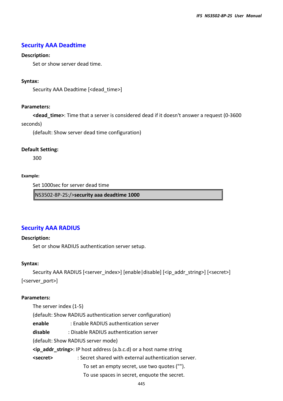 Security aaa deadtime, Security aaa radius, Security aaa deadtime security aaa radius | Interlogix NS3502-8P-2S User Manual User Manual | Page 445 / 568