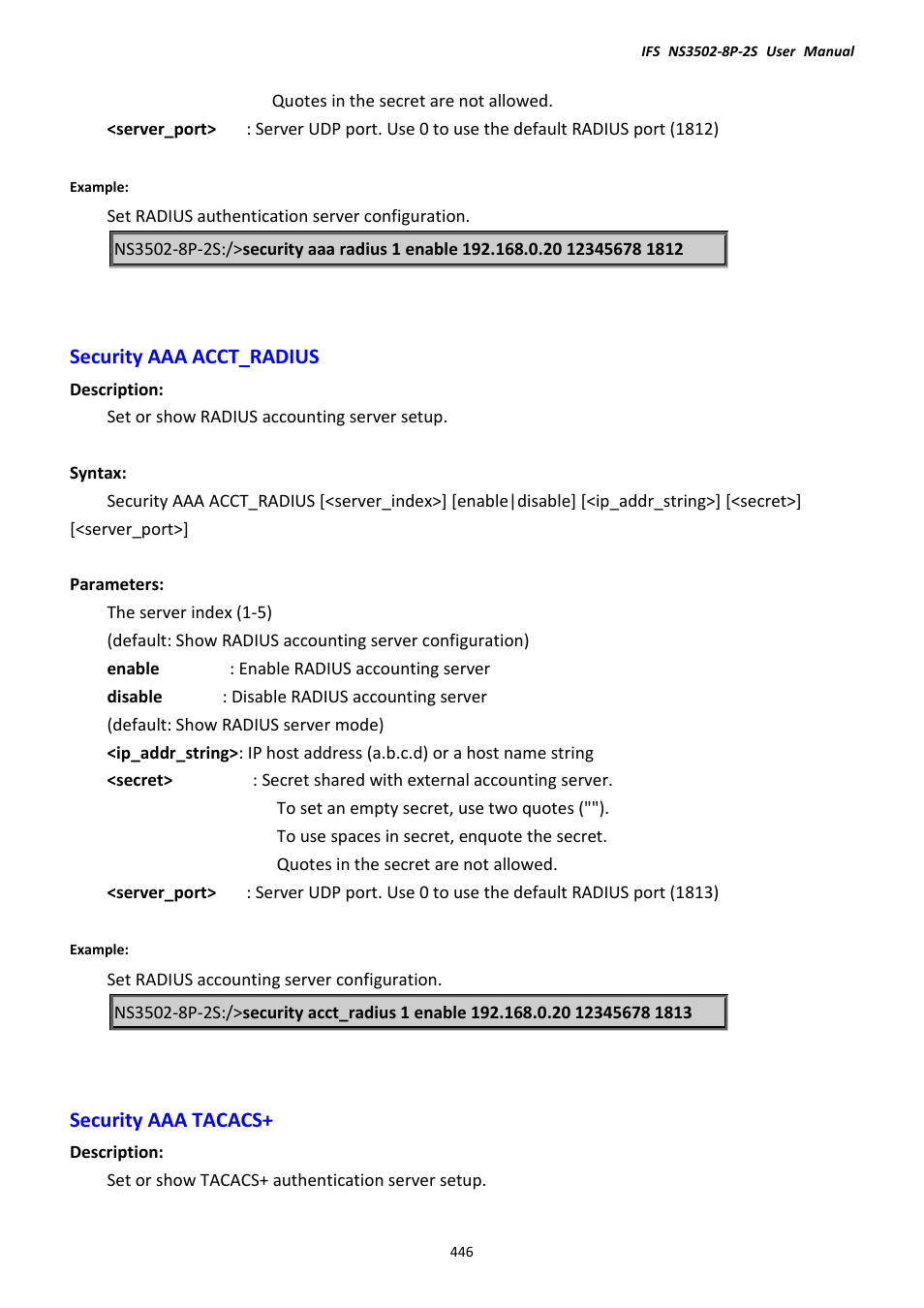 Security aaa acct_radius, Security aaa tacacs, Security aaa acct_radius security aaa tacacs | Interlogix NS3502-8P-2S User Manual User Manual | Page 446 / 568