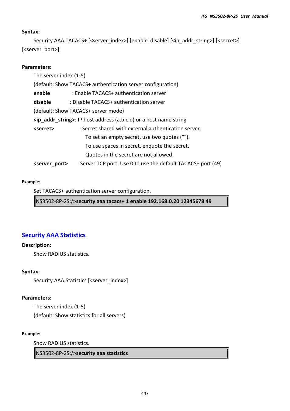 Security aaa statistics | Interlogix NS3502-8P-2S User Manual User Manual | Page 447 / 568