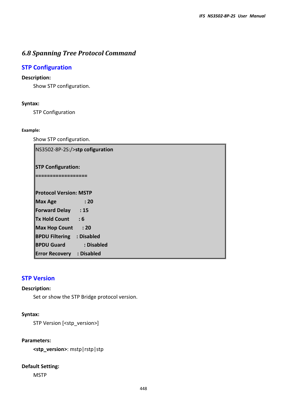 8 spanning tree protocol command, Stp configuration, Stp version | Stp configuration stp version | Interlogix NS3502-8P-2S User Manual User Manual | Page 448 / 568