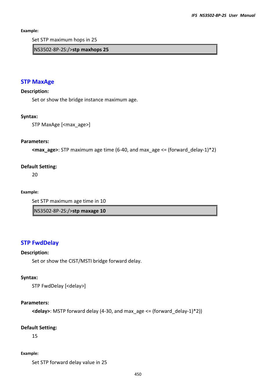 Stp maxage, Stp fwddelay, Stp maxage stp fwddelay | Interlogix NS3502-8P-2S User Manual User Manual | Page 450 / 568