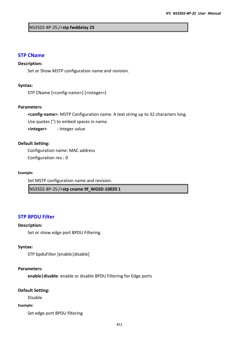 Stp cname, Stp bpdu filter, Stp cname stp bpdu filter | Interlogix NS3502-8P-2S User Manual User Manual | Page 451 / 568