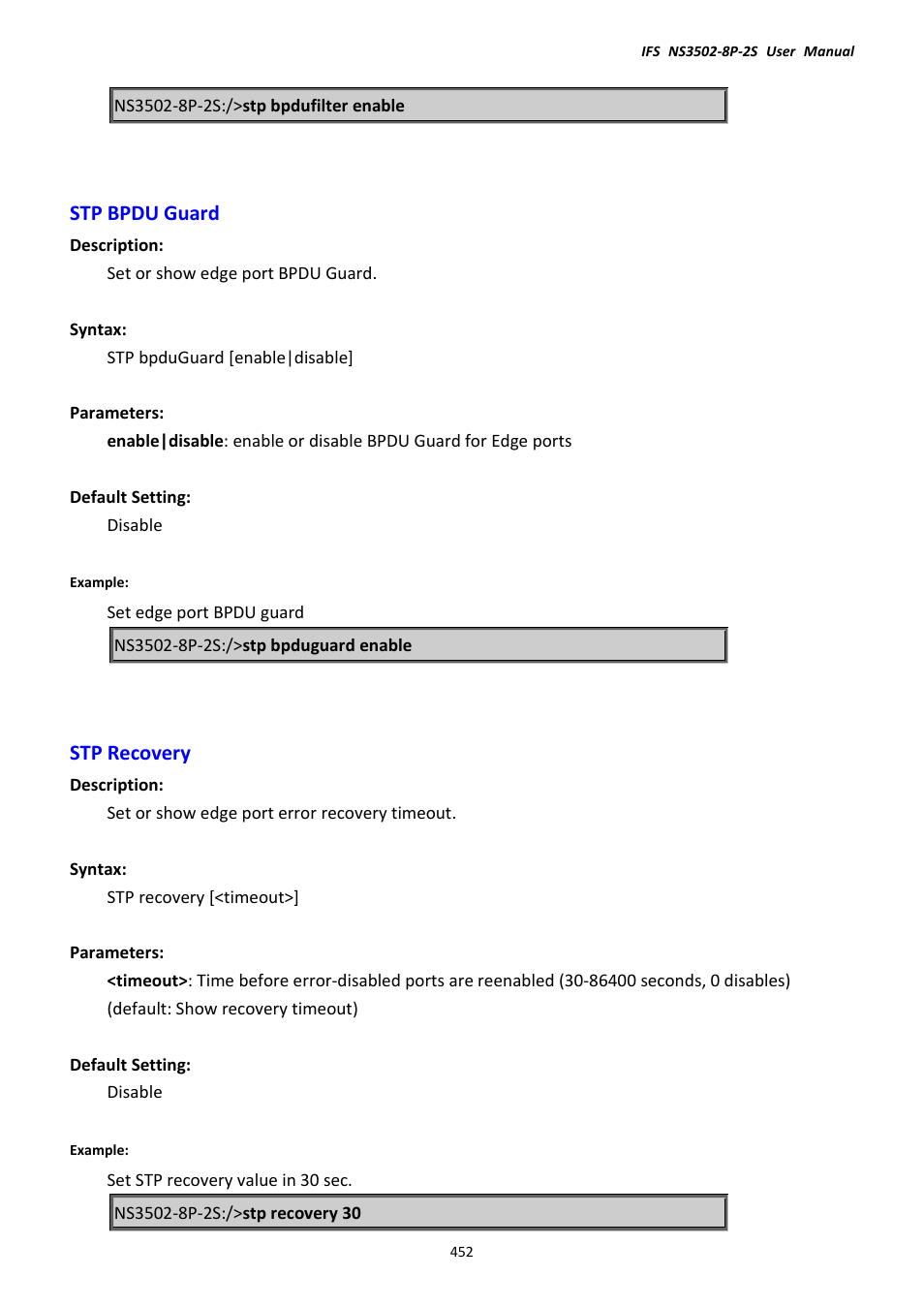 Stp bpdu guard, Stp recovery, Stp bpdu guard stp recovery | Interlogix NS3502-8P-2S User Manual User Manual | Page 452 / 568