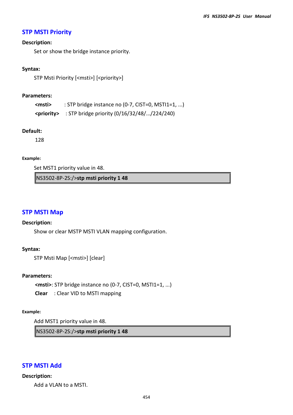 Stp msti priority, Stp msti map, Stp msti add | Stp msti priority stp msti map stp msti add | Interlogix NS3502-8P-2S User Manual User Manual | Page 454 / 568