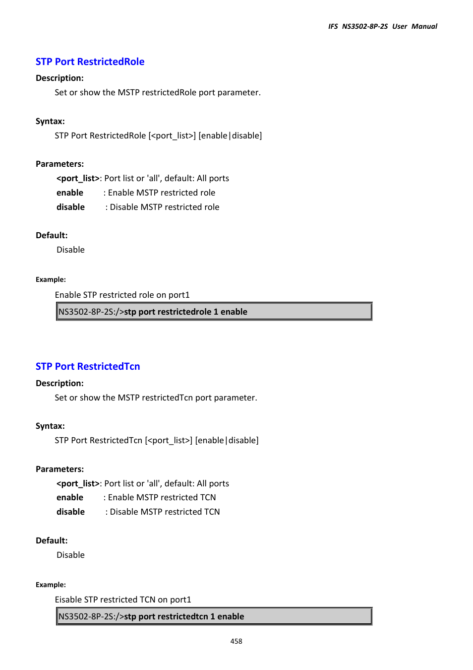 Stp port restrictedrole, Stp port restrictedtcn, Stp port restrictedrole stp port restrictedtcn | Interlogix NS3502-8P-2S User Manual User Manual | Page 458 / 568