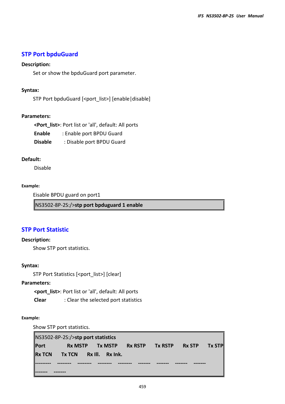 Stp port bpduguard, Stp port statistic, Stp port bpduguard stp port statistic | Interlogix NS3502-8P-2S User Manual User Manual | Page 459 / 568