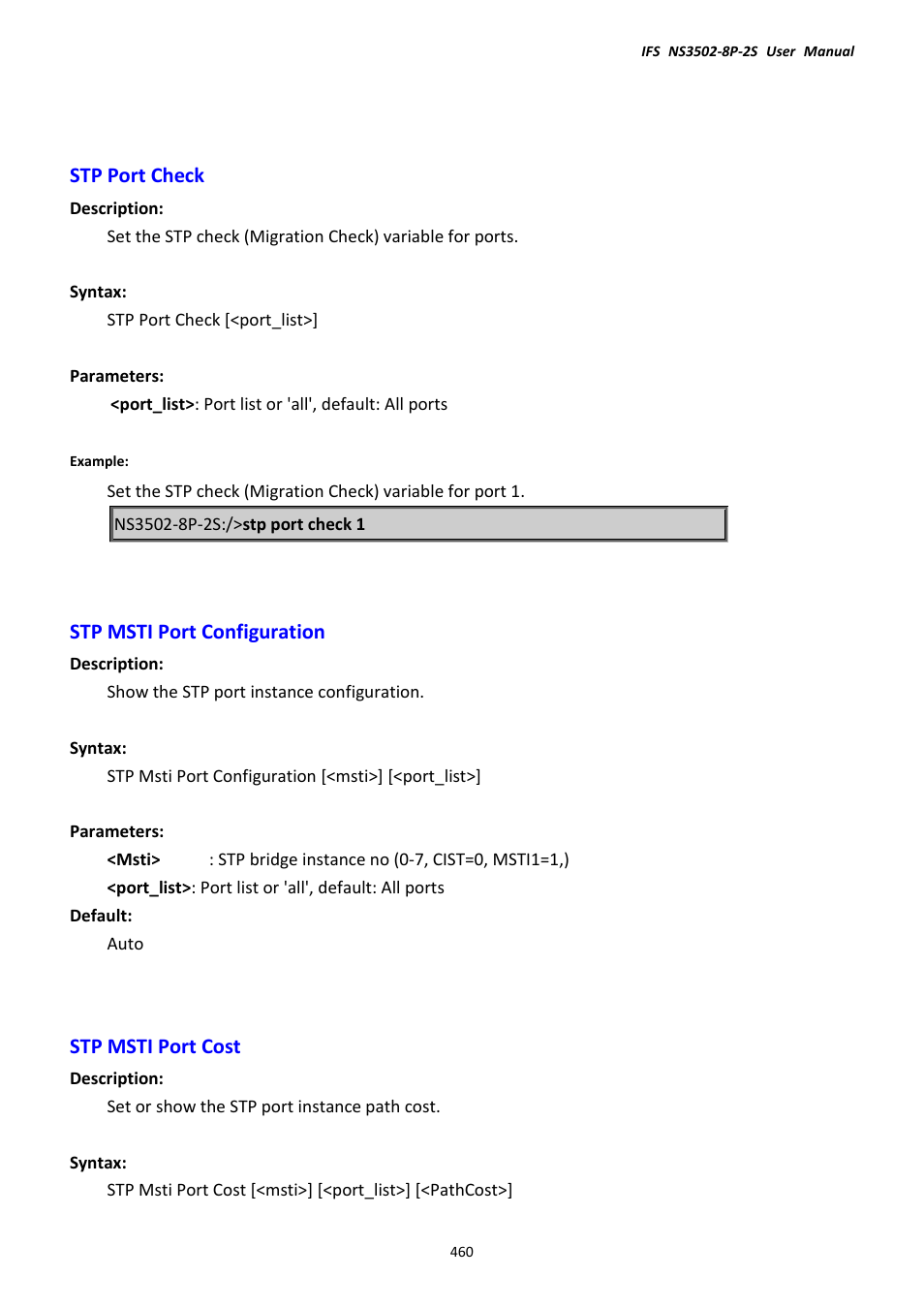 Stp port check, Stp msti port configuration, Stp msti port cost | Interlogix NS3502-8P-2S User Manual User Manual | Page 460 / 568