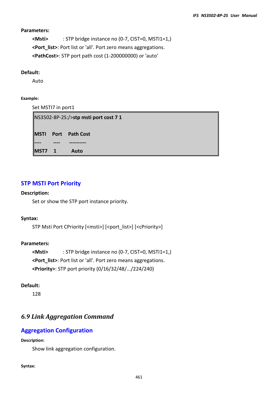 Stp msti port priority, 9 link aggregation command, Aggregation configuration | Interlogix NS3502-8P-2S User Manual User Manual | Page 461 / 568