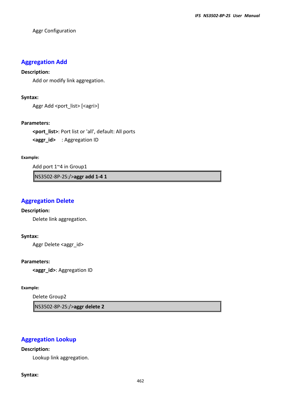 Aggregation add, Aggregation delete, Aggregation lookup | Interlogix NS3502-8P-2S User Manual User Manual | Page 462 / 568