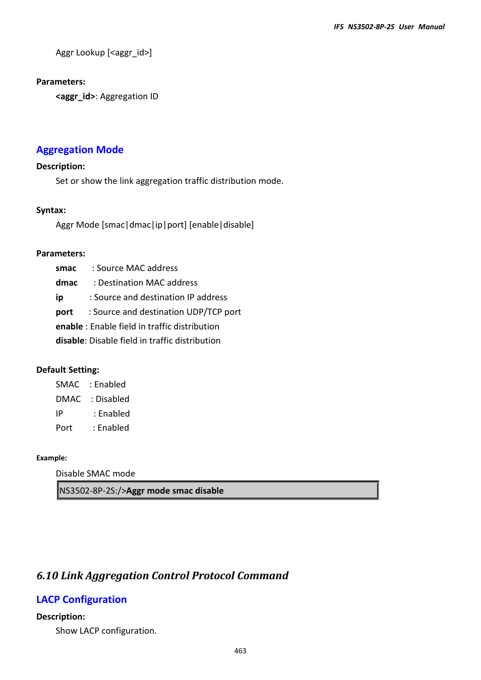 Aggregation mode, 10 link aggregation control protocol command, Lacp configuration | Interlogix NS3502-8P-2S User Manual User Manual | Page 463 / 568