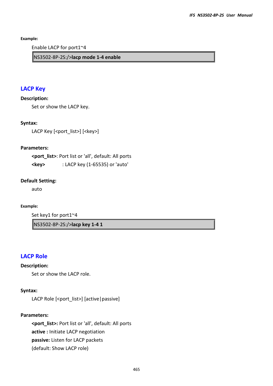 Lacp key, Lacp role, Lacp key lacp role | Interlogix NS3502-8P-2S User Manual User Manual | Page 465 / 568