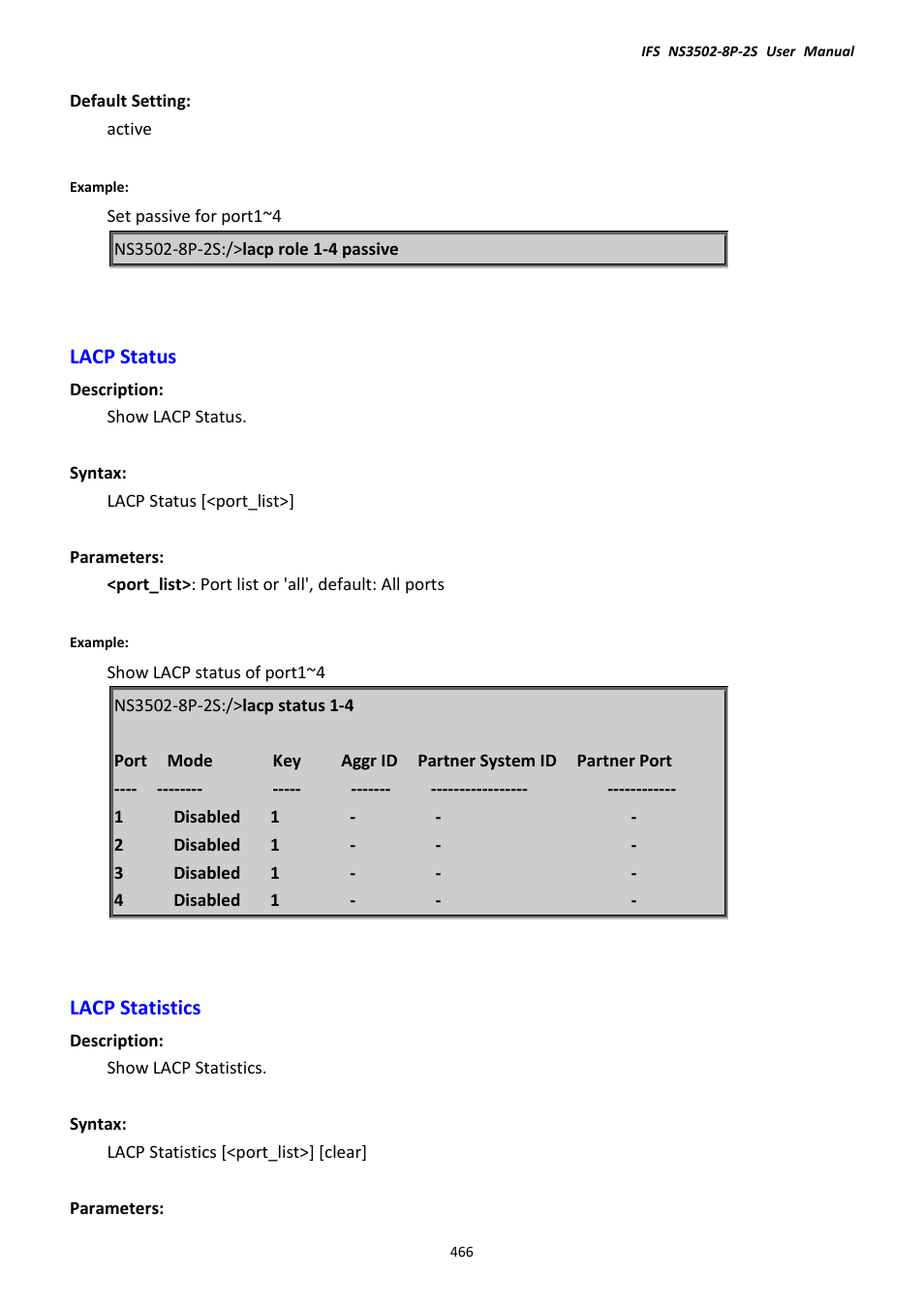 Lacp status, Lacp statistics, Lacp status lacp statistics | Interlogix NS3502-8P-2S User Manual User Manual | Page 466 / 568