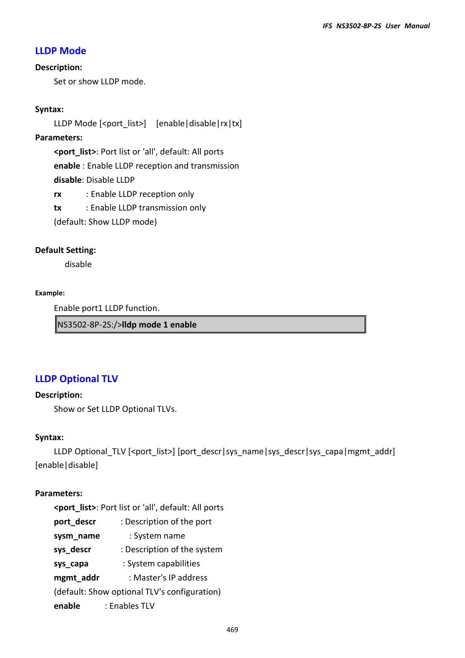 Lldp mode, Lldp optional tlv, Lldp mode lldp optional tlv | Interlogix NS3502-8P-2S User Manual User Manual | Page 469 / 568