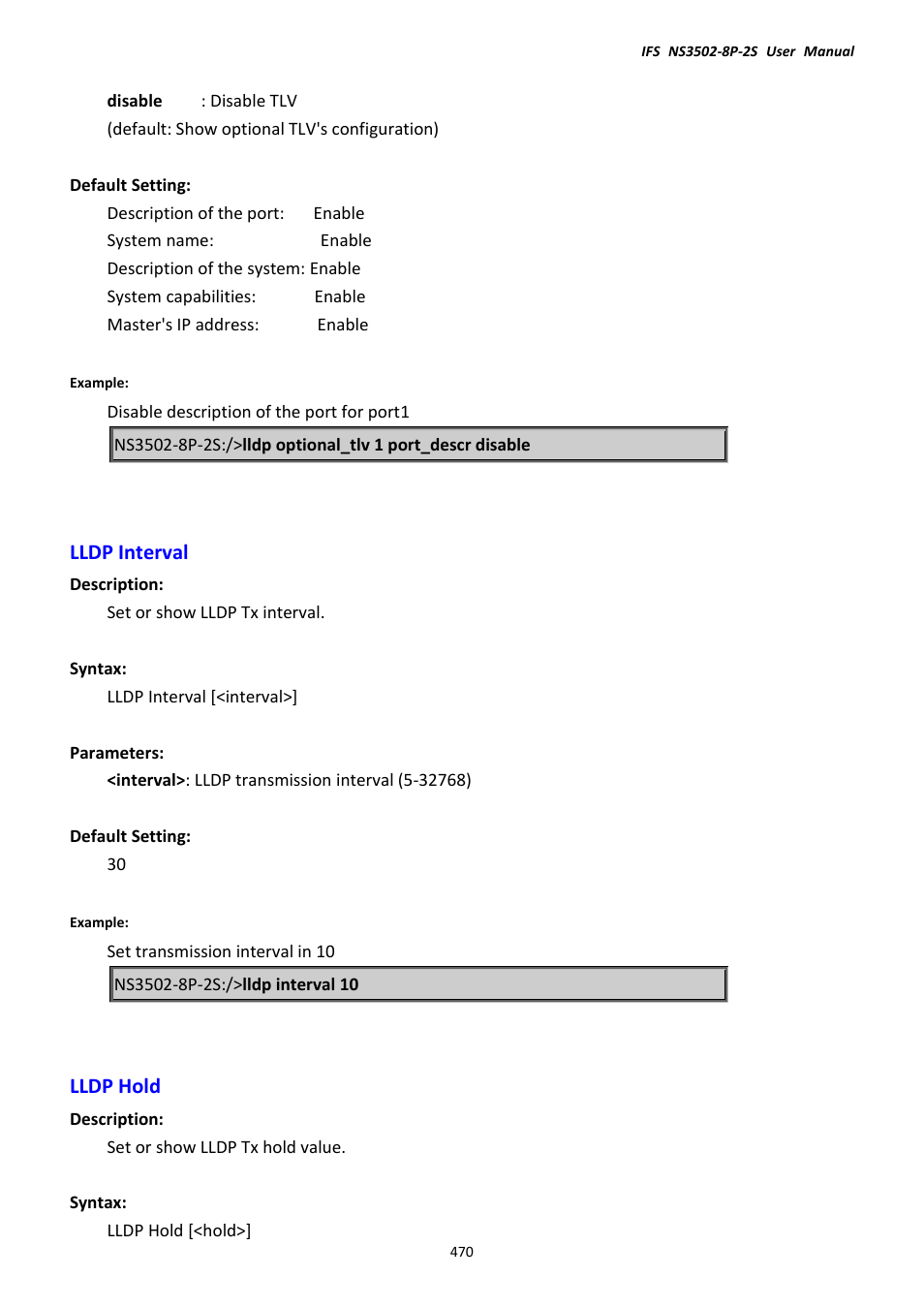 Lldp interval, Lldp hold, Lldp interval lldp hold | Interlogix NS3502-8P-2S User Manual User Manual | Page 470 / 568