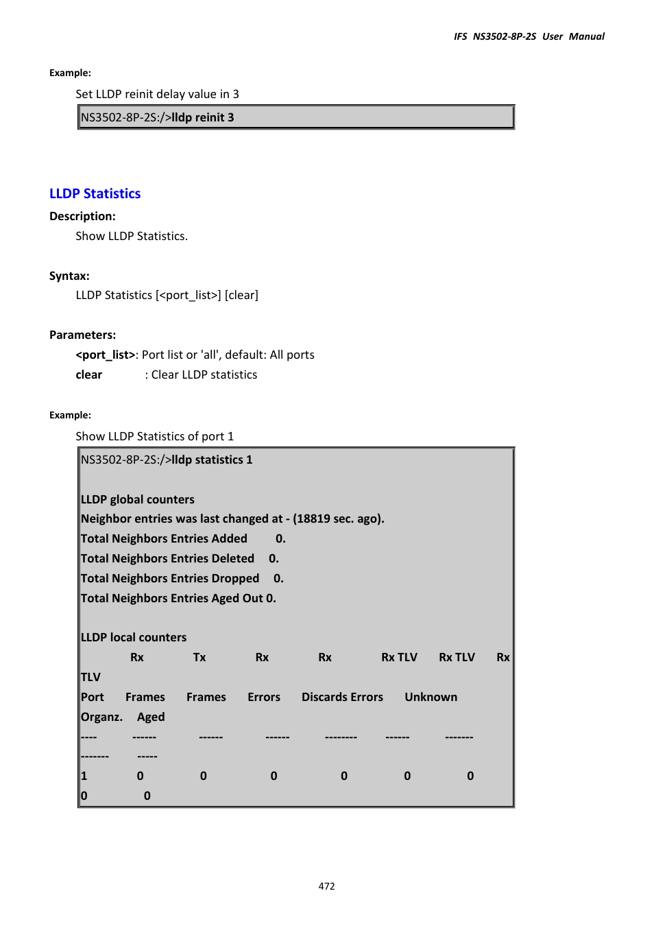 Lldp statistics | Interlogix NS3502-8P-2S User Manual User Manual | Page 472 / 568