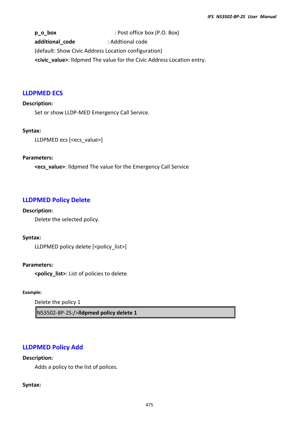 Lldpmed ecs, Lldpmed policy delete, Lldpmed policy add | Interlogix NS3502-8P-2S User Manual User Manual | Page 475 / 568