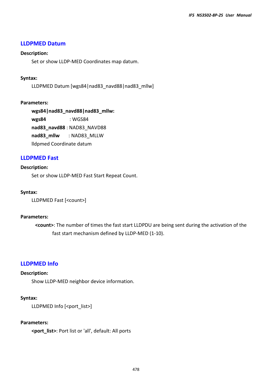 Lldpmed datum, Lldpmed fast, Lldpmed info | Lldpmed datum lldpmed fast lldpmed info | Interlogix NS3502-8P-2S User Manual User Manual | Page 478 / 568