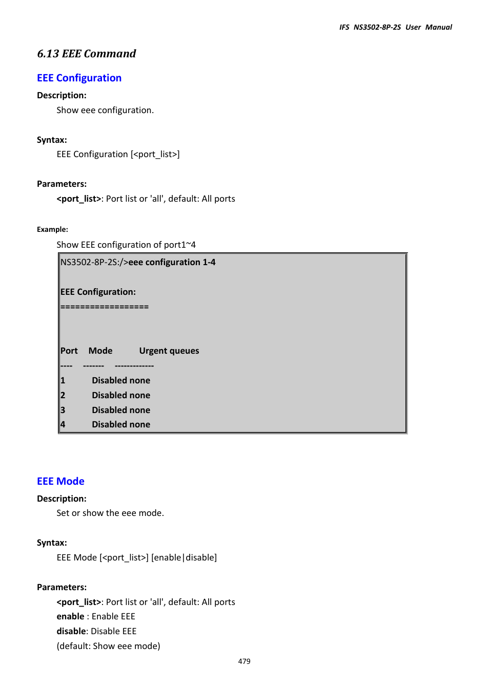 13 eee command, Eee configuration, Eee mode | Eee configuration eee mode | Interlogix NS3502-8P-2S User Manual User Manual | Page 479 / 568