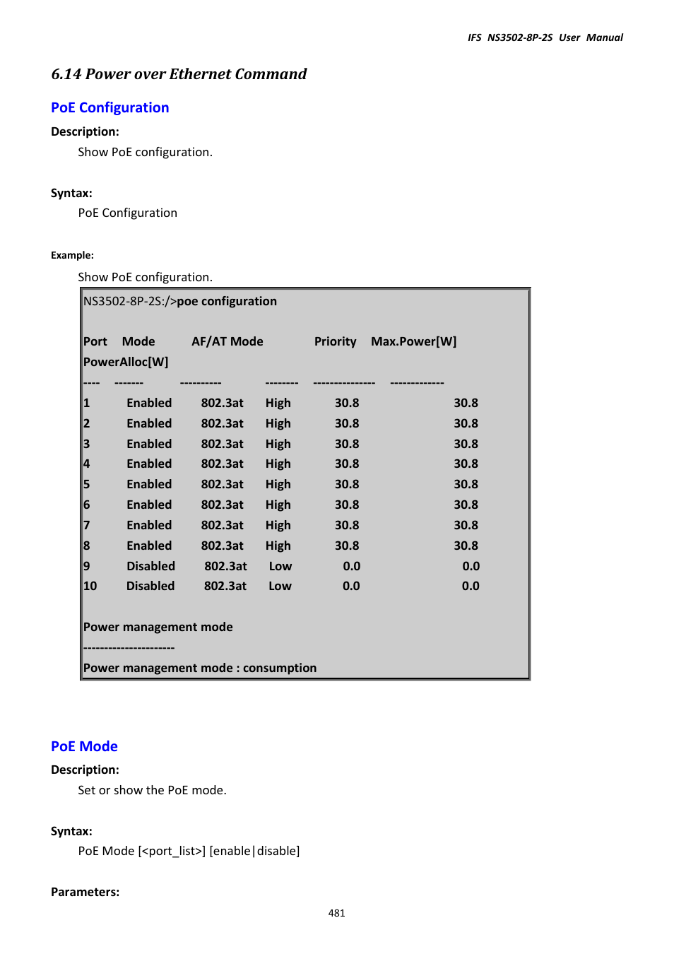 14 power over ethernet command, Poe configuration, Poe mode | Poe configuration poe mode, 14 power over ethernet command poe configuration | Interlogix NS3502-8P-2S User Manual User Manual | Page 481 / 568