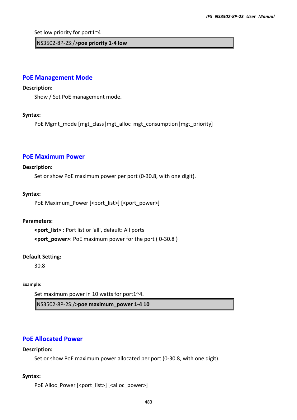 Poe management mode, Poe maximum power, Poe allocated power | Poe maximum power poe allocated power | Interlogix NS3502-8P-2S User Manual User Manual | Page 483 / 568