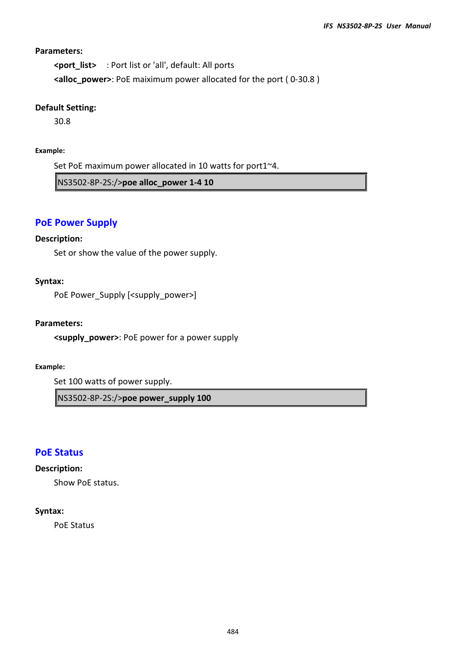 Poe power supply, Poe status, Poe power supply poe status | Interlogix NS3502-8P-2S User Manual User Manual | Page 484 / 568