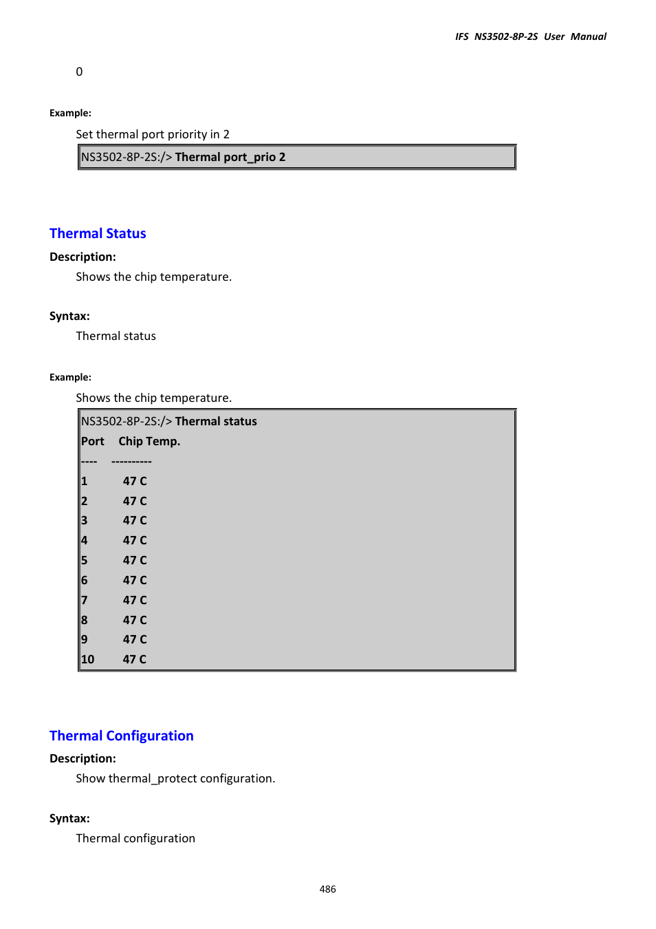 Thermal status, Thermal configuration, Thermal status thermal configuration | Interlogix NS3502-8P-2S User Manual User Manual | Page 486 / 568