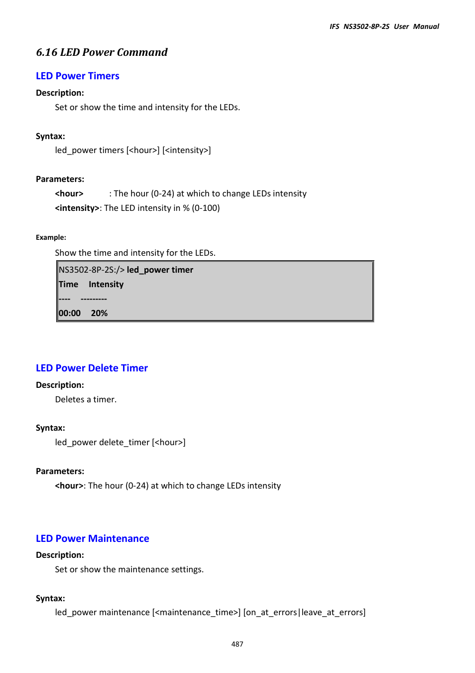 16 led power command, Led power timers, Led power delete timer | Led power maintenance | Interlogix NS3502-8P-2S User Manual User Manual | Page 487 / 568