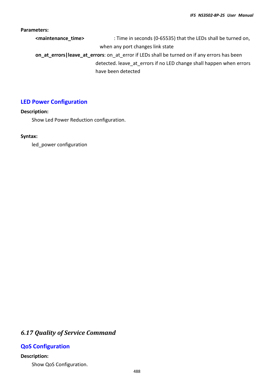 Led power configuration, 17 quality of service command, Qos configuration | Interlogix NS3502-8P-2S User Manual User Manual | Page 488 / 568