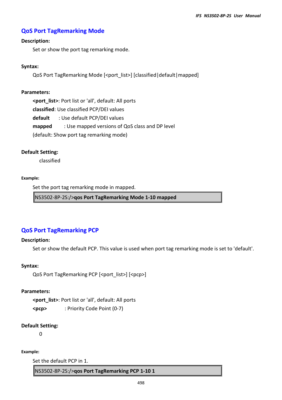 Qos port tagremarking mode, Qos port tagremarking pcp | Interlogix NS3502-8P-2S User Manual User Manual | Page 498 / 568