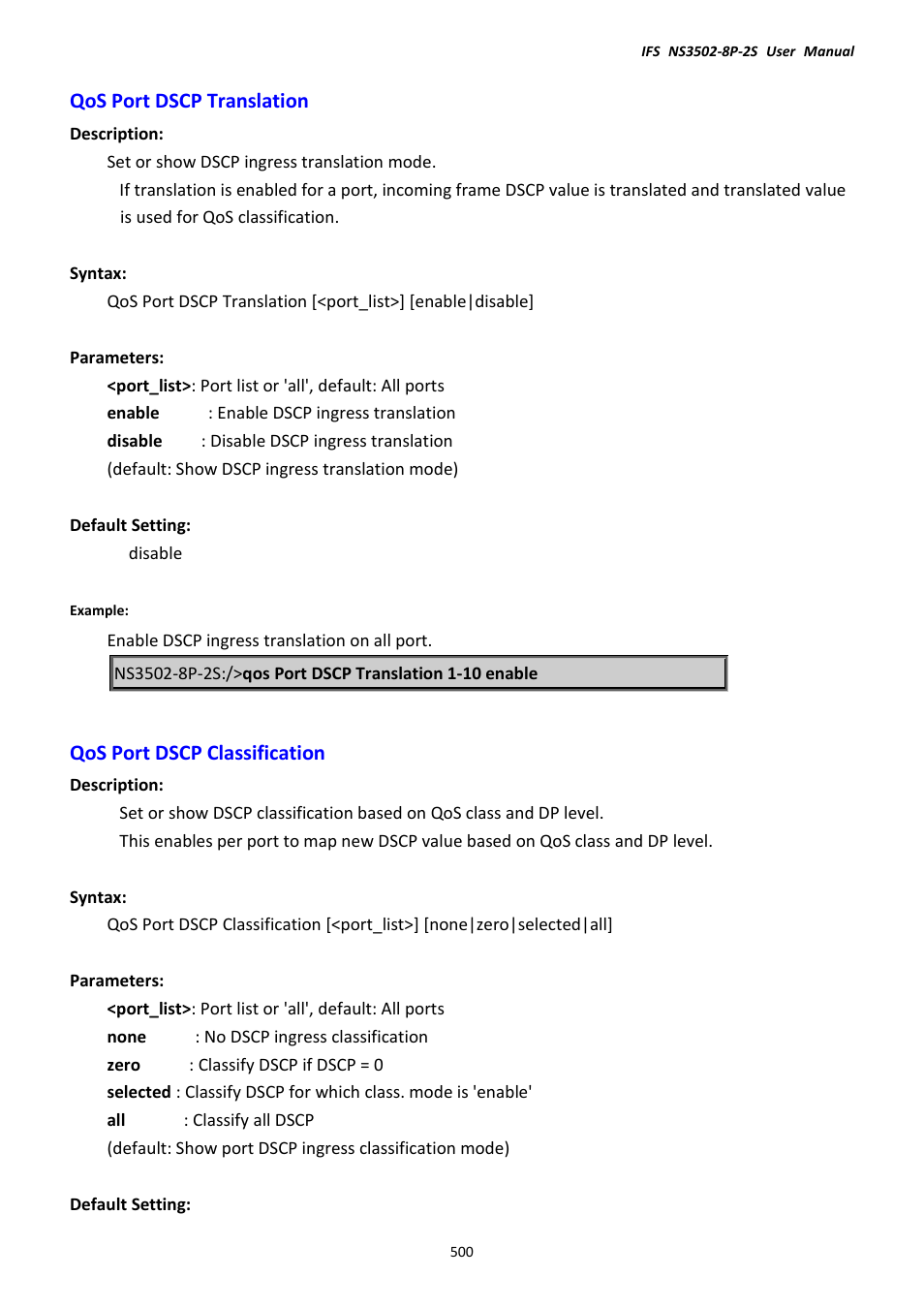 Qos port dscp translation, Qos port dscp classification | Interlogix NS3502-8P-2S User Manual User Manual | Page 500 / 568