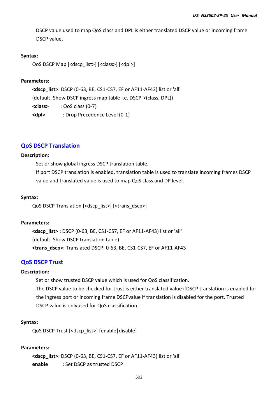 Qos dscp translation, Qos dscp trust, Qos dscp translation qos dscp trust | Interlogix NS3502-8P-2S User Manual User Manual | Page 502 / 568