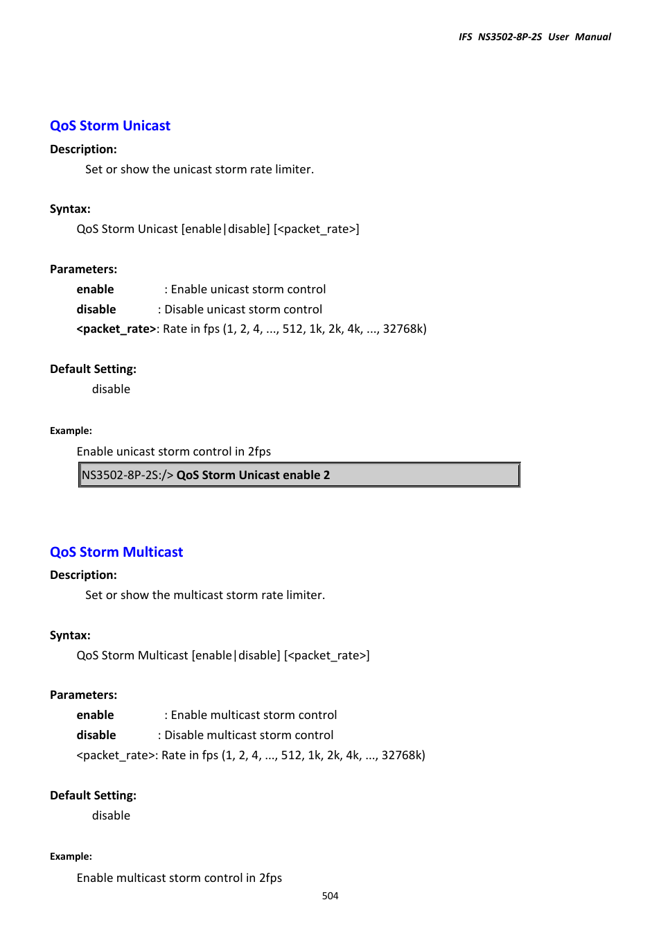 Qos storm unicast, Qos storm multicast, Qos storm unicast qos storm multicast | Interlogix NS3502-8P-2S User Manual User Manual | Page 504 / 568