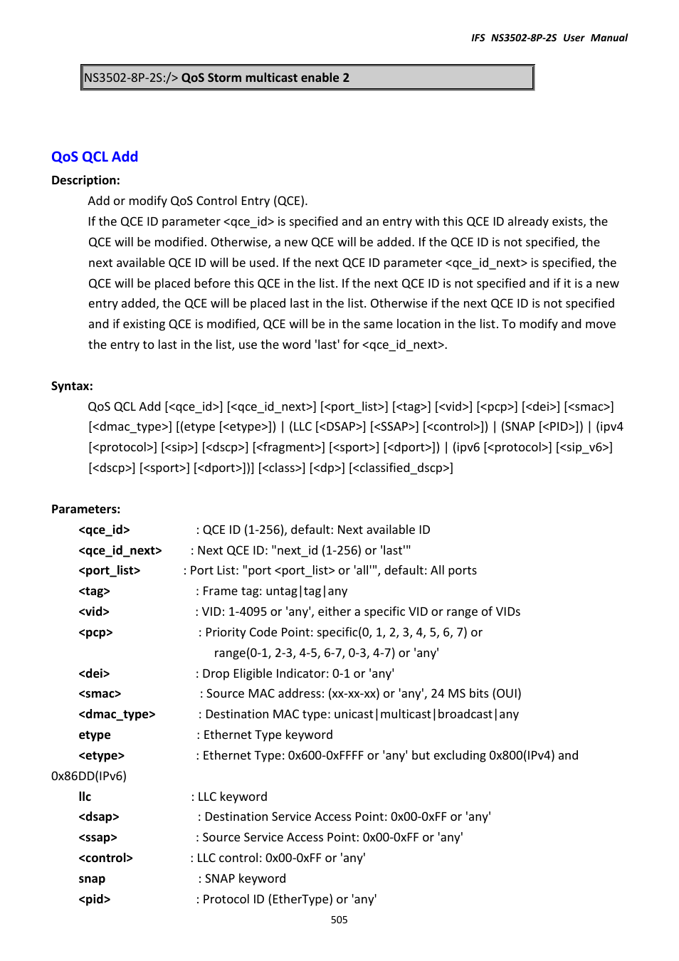 Qos qcl add | Interlogix NS3502-8P-2S User Manual User Manual | Page 505 / 568