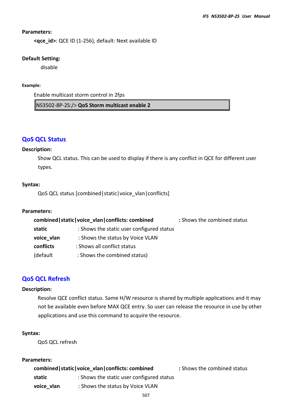 Qos qcl status, Qos qcl refresh, Qos qcl status qos qcl refresh | Interlogix NS3502-8P-2S User Manual User Manual | Page 507 / 568