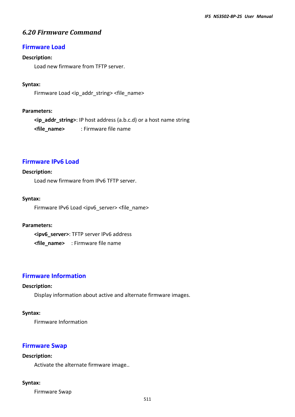 20 firmware command, Firmware load, Firmware ipv6 load | Firmware information, Firmware swap | Interlogix NS3502-8P-2S User Manual User Manual | Page 511 / 568