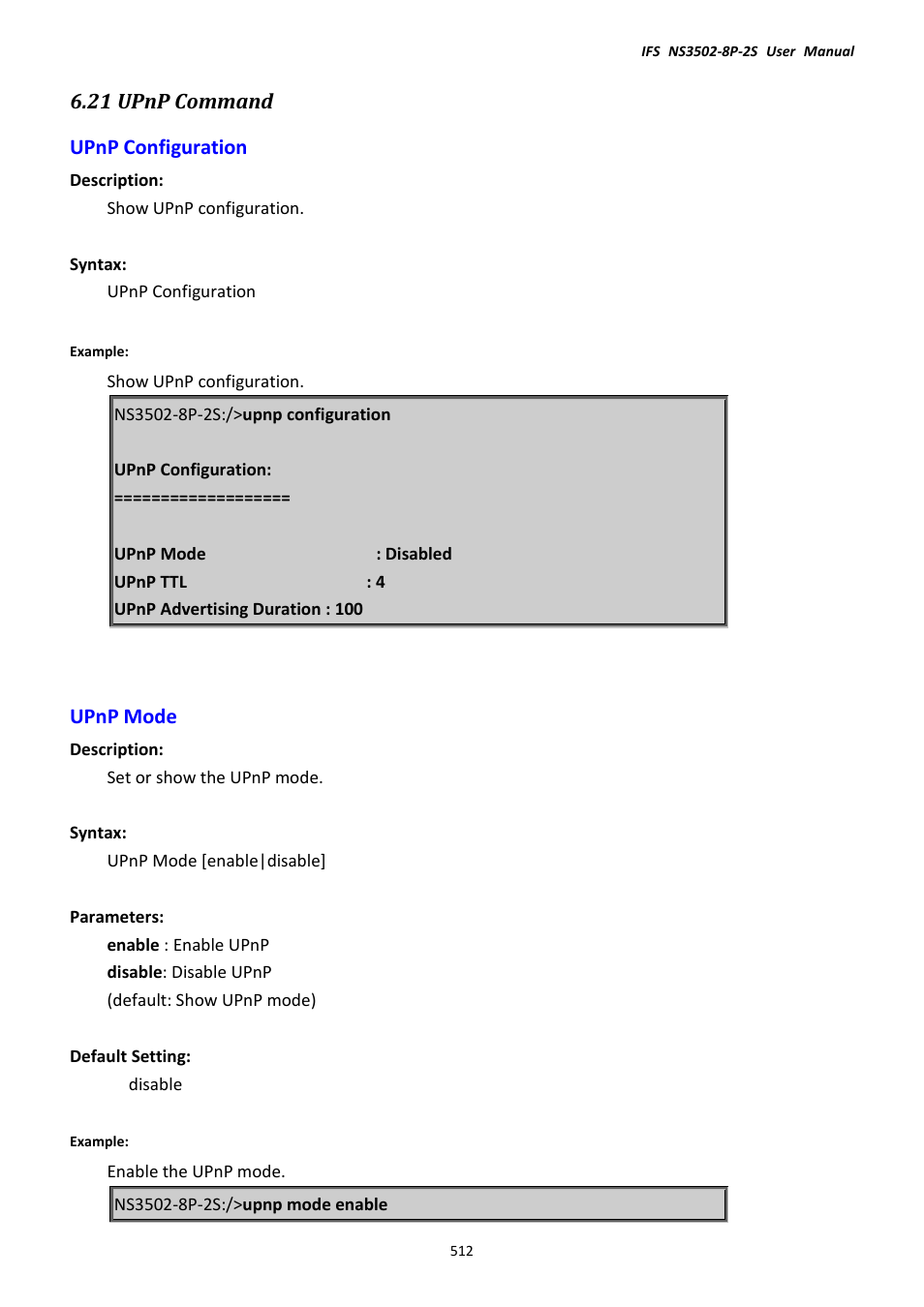 21 upnp command, Upnp configuration, Upnp mode | Upnp configuration upnp mode, 21 upnp command upnp configuration | Interlogix NS3502-8P-2S User Manual User Manual | Page 512 / 568