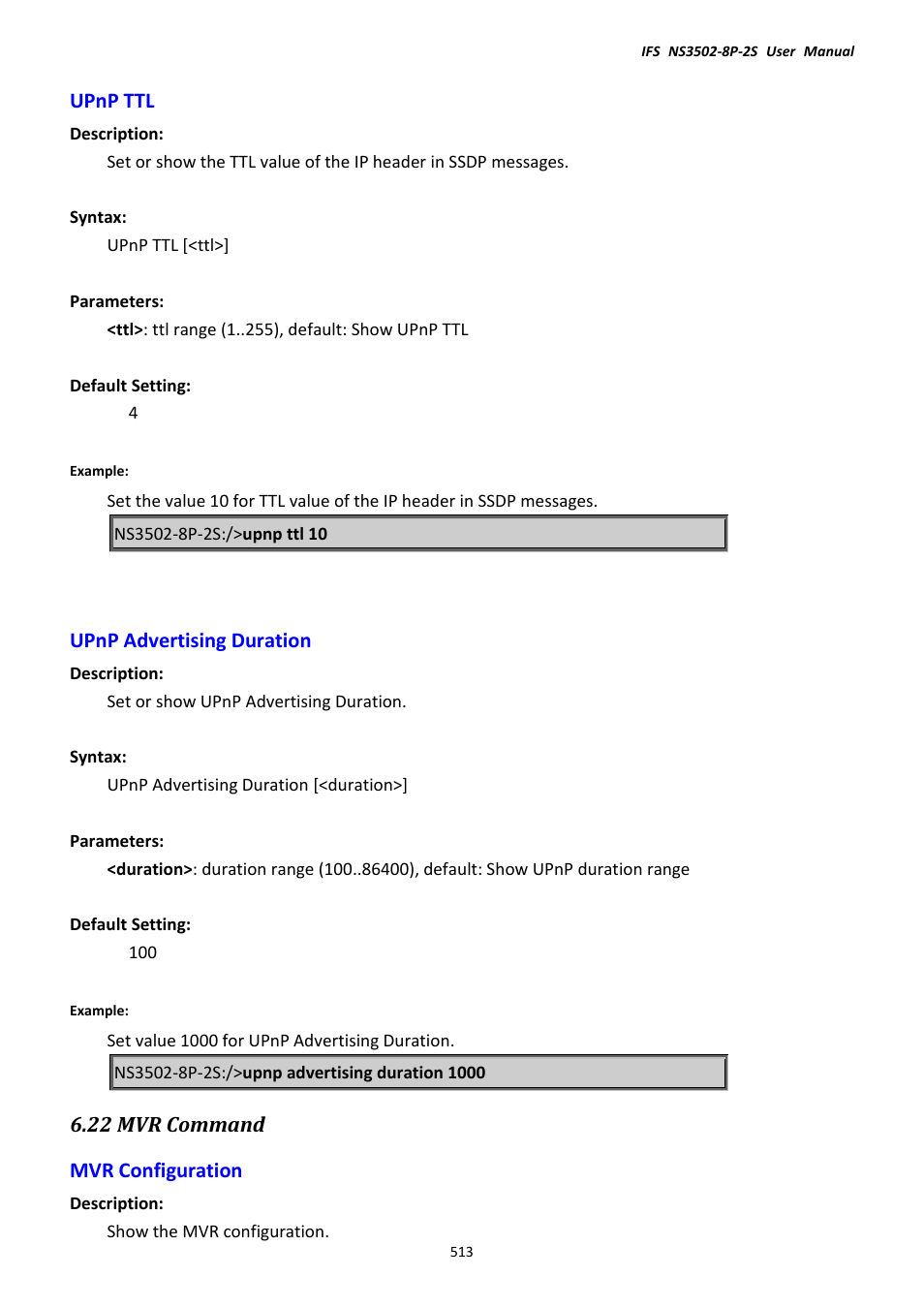 Upnp ttl, Upnp advertising duration, 22 mvr command | Mvr configuration, Upnp ttl upnp advertising duration | Interlogix NS3502-8P-2S User Manual User Manual | Page 513 / 568