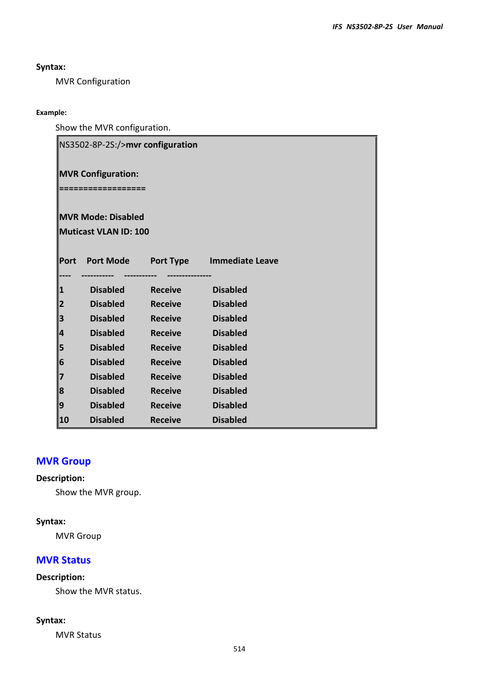 Mvr group, Mvr status, Mvr group mvr status | Interlogix NS3502-8P-2S User Manual User Manual | Page 514 / 568