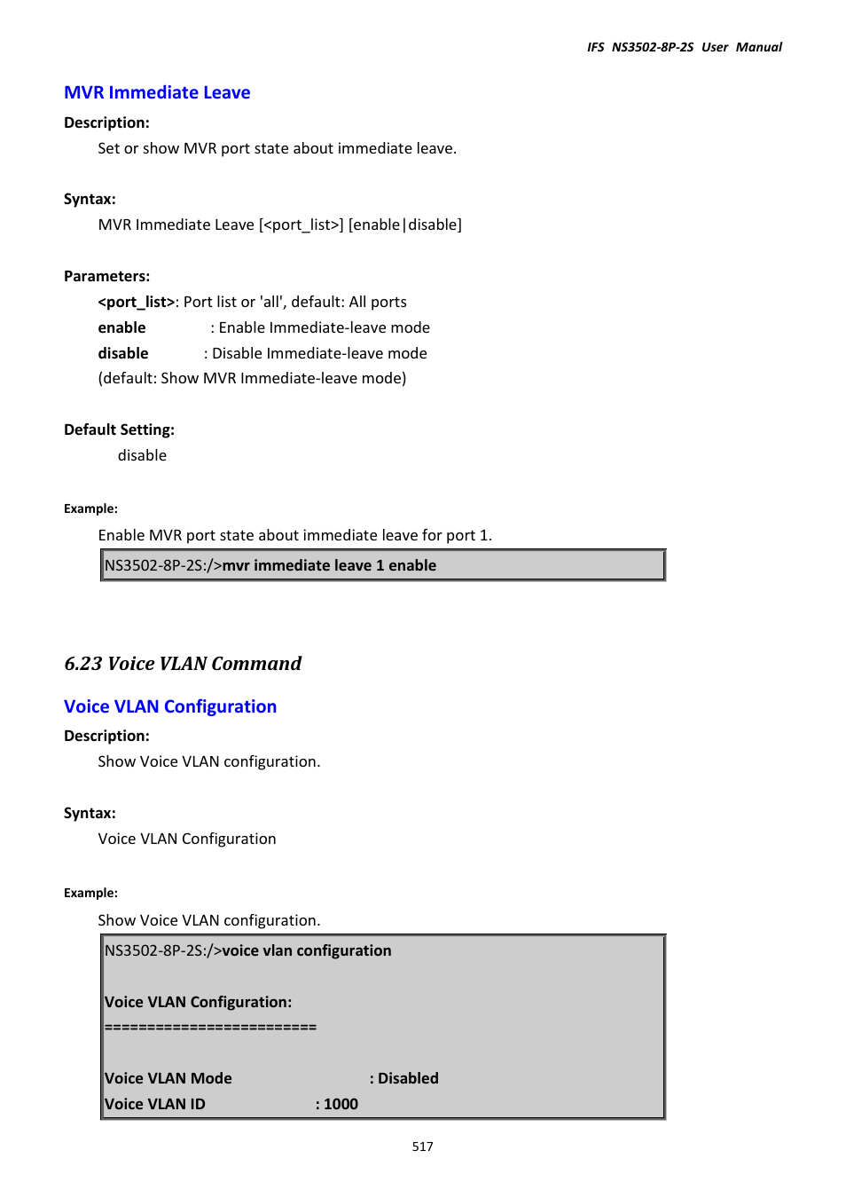 Mvr immediate leave, 23 voice vlan command, Voice vlan configuration | 23 voice vlan command voice vlan configuration | Interlogix NS3502-8P-2S User Manual User Manual | Page 517 / 568