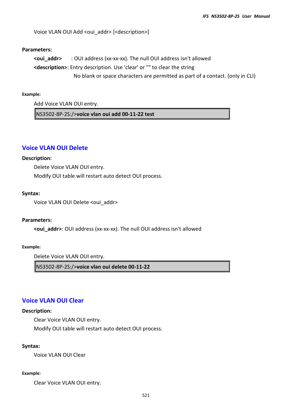 Voice vlan oui delete, Voice vlan oui clear, Voice vlan oui delete voice vlan oui clear | Interlogix NS3502-8P-2S User Manual User Manual | Page 521 / 568