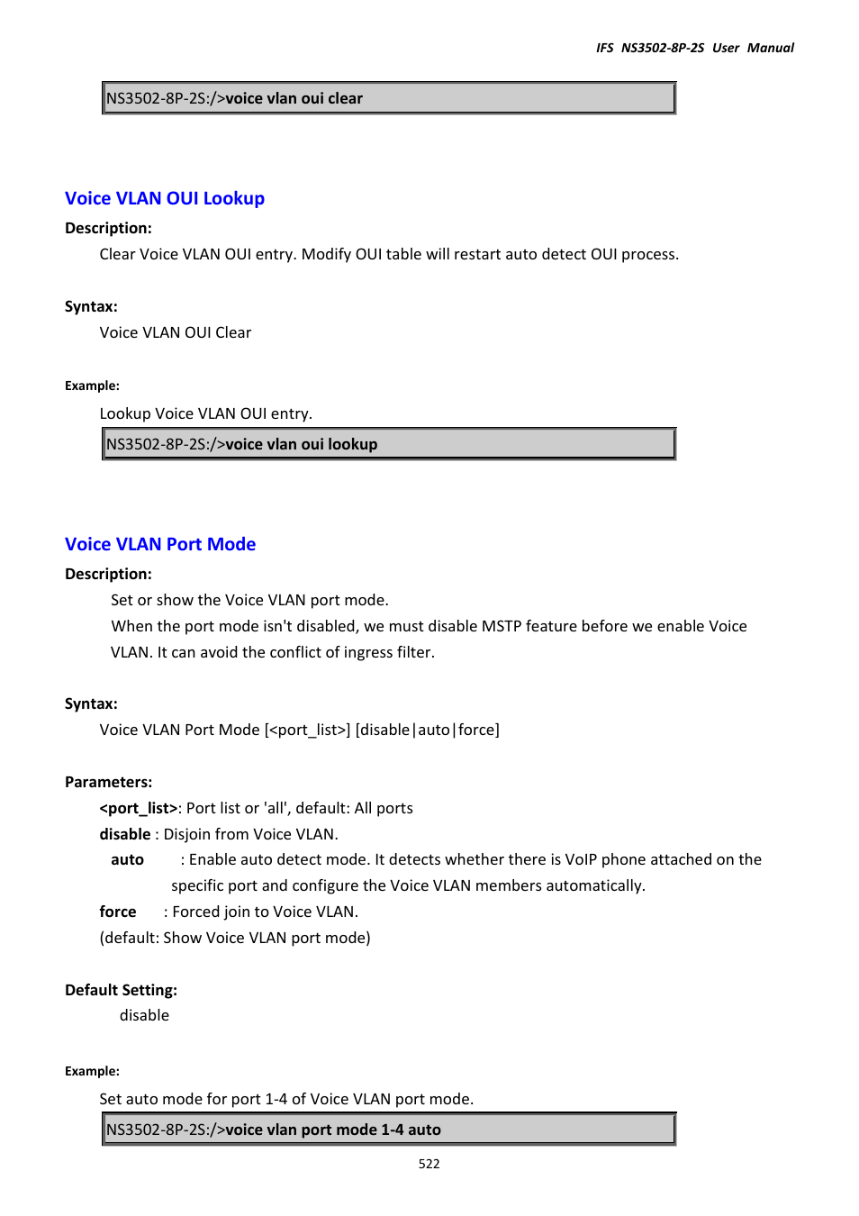 Voice vlan oui lookup, Voice vlan port mode, Voice vlan oui lookup voice vlan port mode | Interlogix NS3502-8P-2S User Manual User Manual | Page 522 / 568