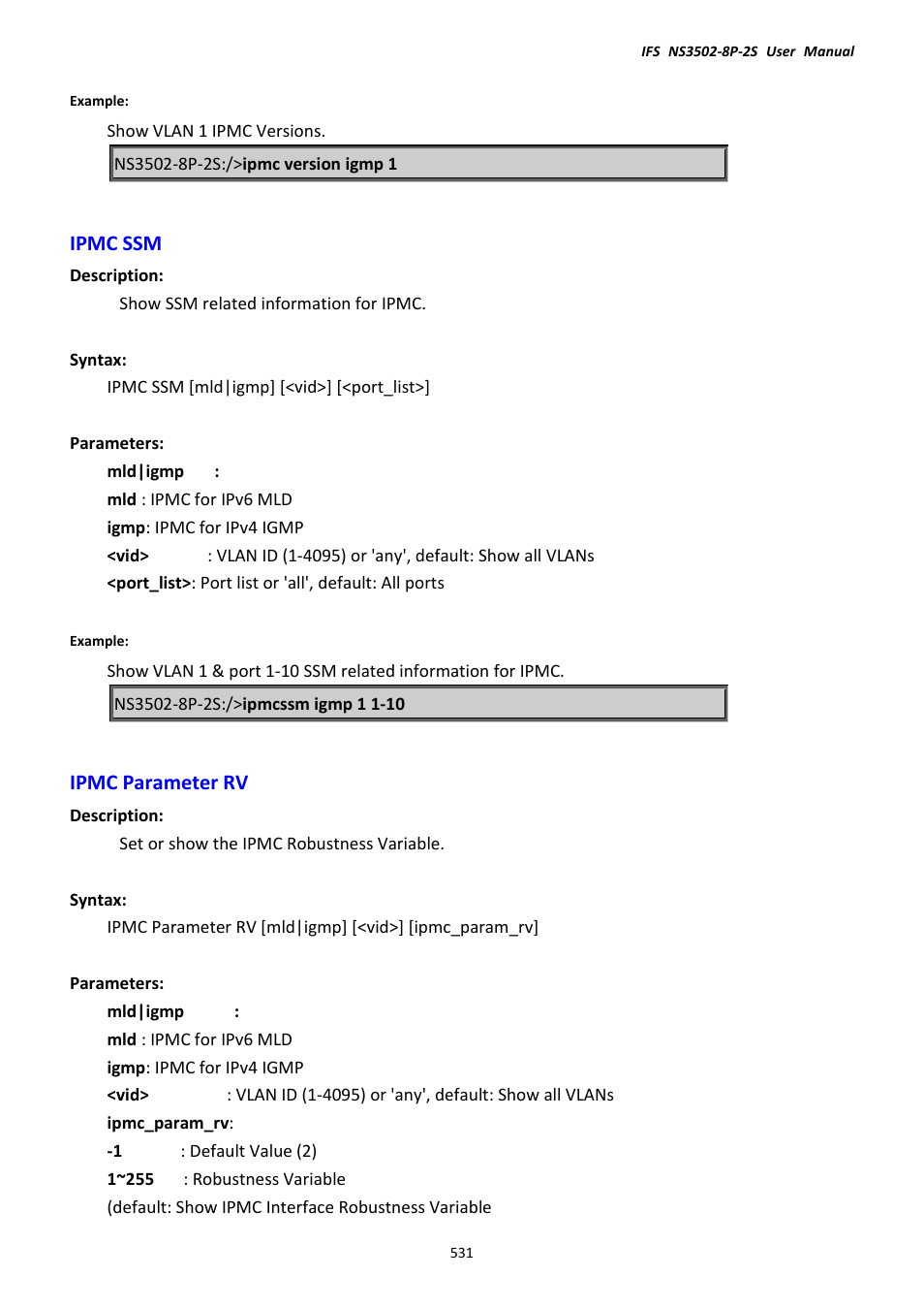 Ipmc ssm, Ipmc parameter rv, Ipmc ssm ipmc parameter rv | Interlogix NS3502-8P-2S User Manual User Manual | Page 531 / 568