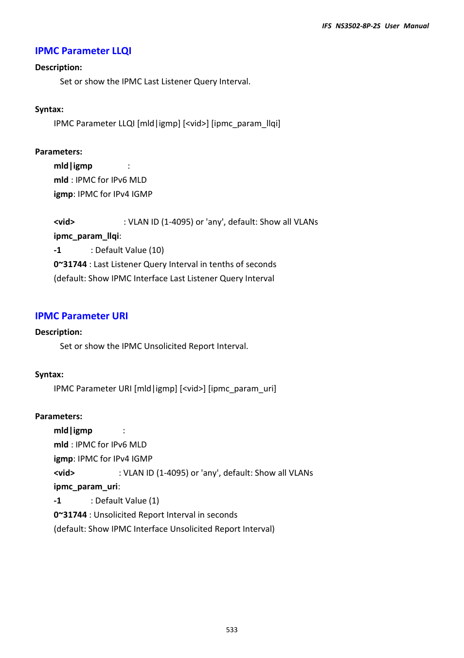 Ipmc parameter llqi, Ipmc parameter uri, Ipmc parameter llqi ipmc parameter uri | Interlogix NS3502-8P-2S User Manual User Manual | Page 533 / 568